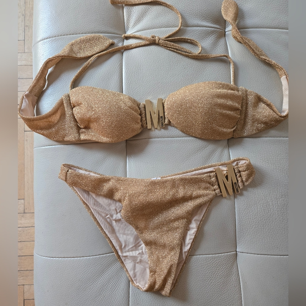 Moschino M-logo bandeau two piece bikini gold metallic size S